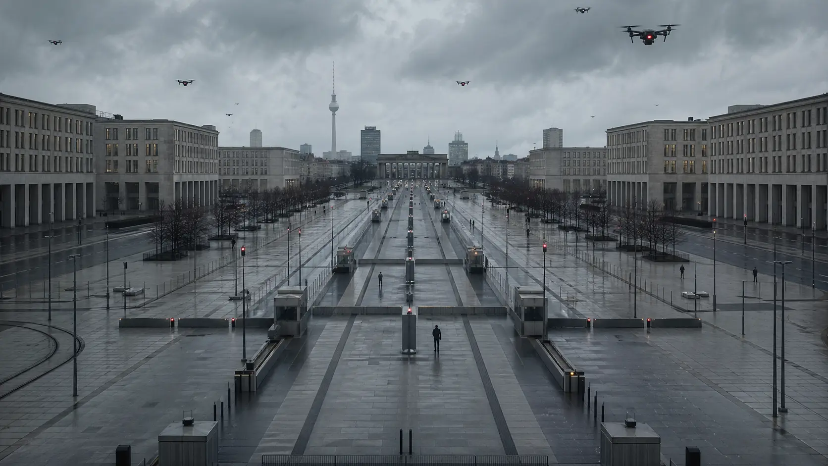 A vast dystopian Berlin civic axis with regimented walkways, checkpoint structures, surveillance drones, and monumental government buildings leading toward the Brandenburg Gate.