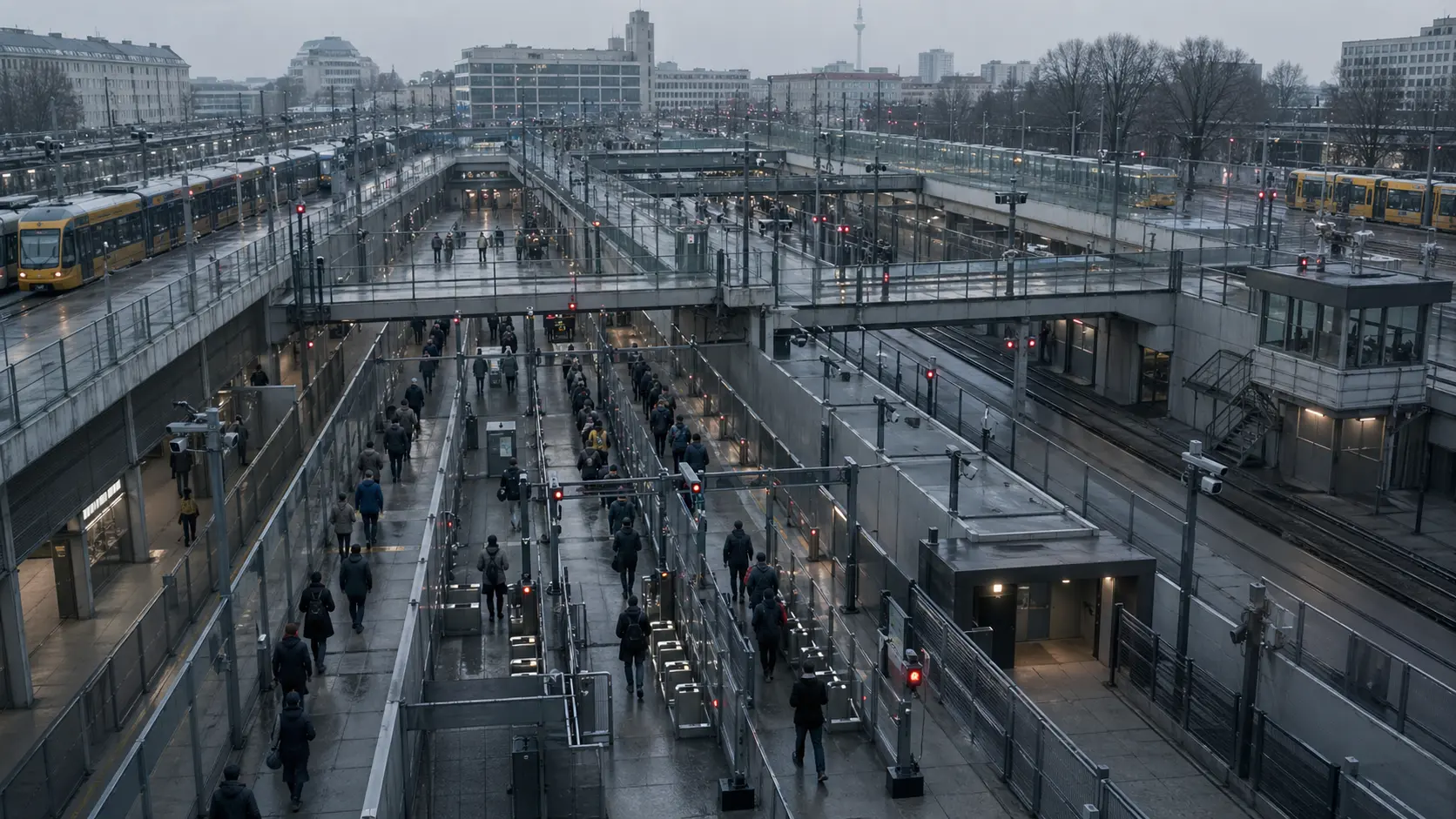 A dystopian Berlin transit interchange with fenced pedestrian lanes, checkpoint gates, rail platforms, surveillance cameras, and crowds moving through tightly controlled routes.