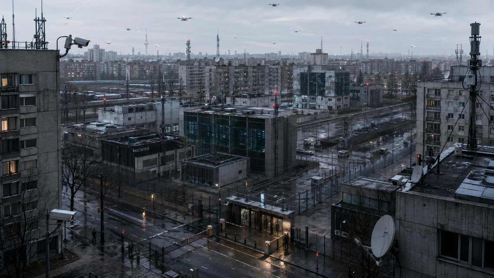 A dystopian Berlin communications district with signal towers, fenced data buildings, surveillance cameras, and drones crossing the skyline above wet industrial streets.
