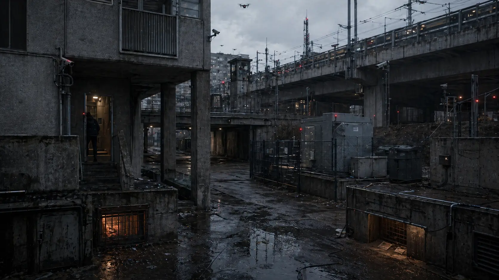 A hidden service yard beneath elevated rail lines in dystopian Berlin, with fenced utility structures, surveillance devices, and a dimly lit resistance space concealed below the city.