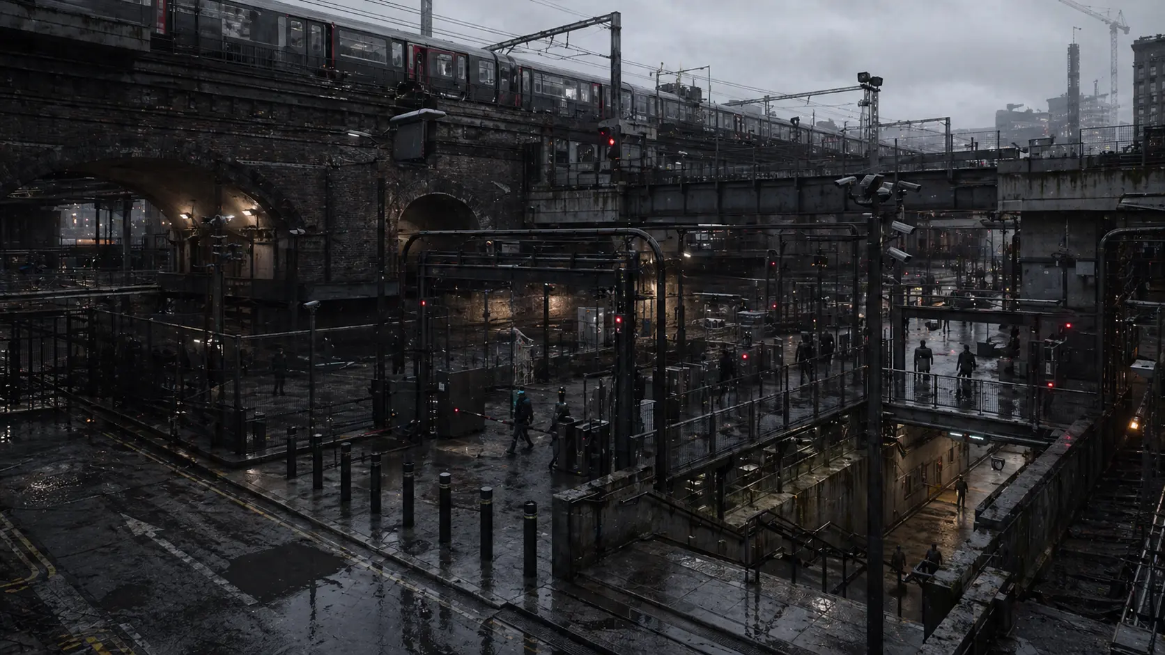 A monitored London transport interchange filled with barriers, surveillance cameras, rail lines, and gated pedestrian routes beneath elevated tracks.