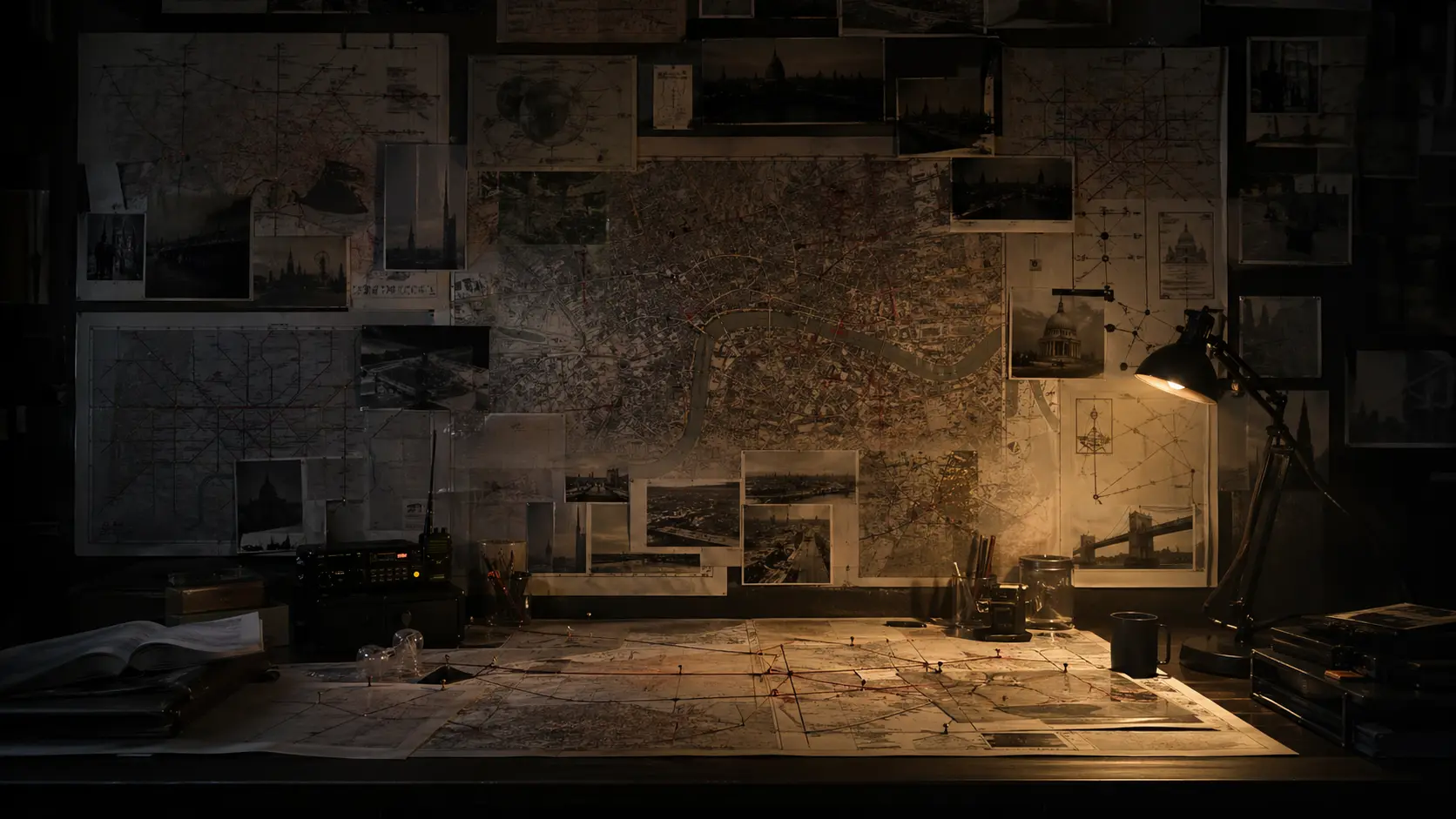 A hidden planning room covered with maps, transport diagrams, photographs, and marked routes, suggesting a resistance network studying the city’s surveillance systems.