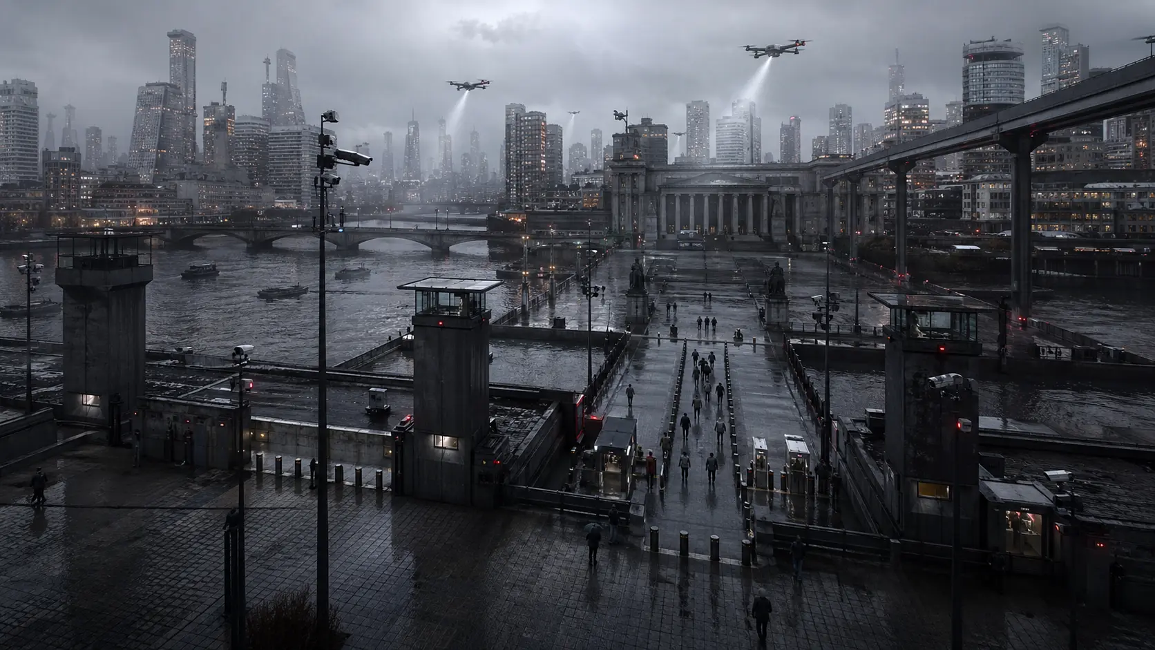 A dystopian London riverside approach redesigned for surveillance, with checkpoint towers, exposed walkways, civic buildings, elevated transit, and drones scanning the skyline.