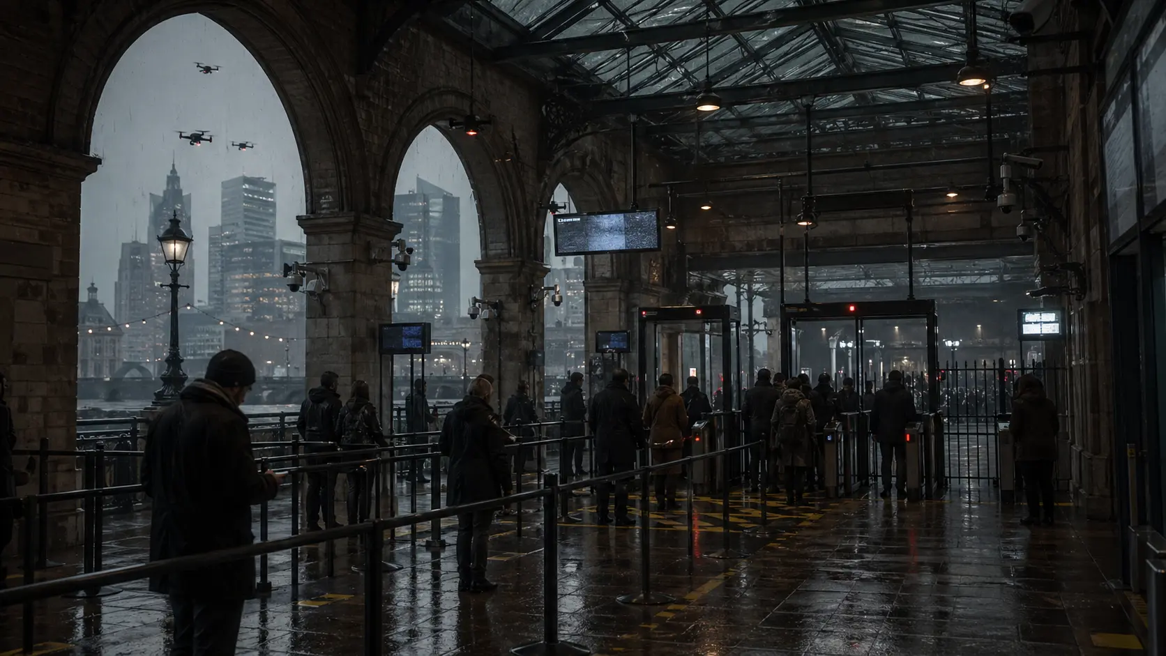Commuters queue through a tightly controlled London checkpoint under cameras, screens, and drones, reflecting a public life shaped by constant observation.