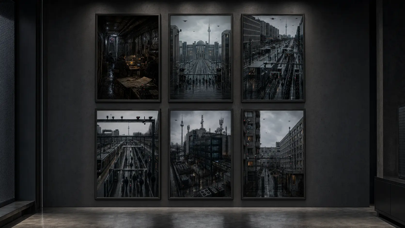 Framed poster prints from the Berlin: Silent Grid collection showing dystopian Berlin scenes of surveillance, checkpoints, controlled transit, residential monitoring, and hidden resistance.