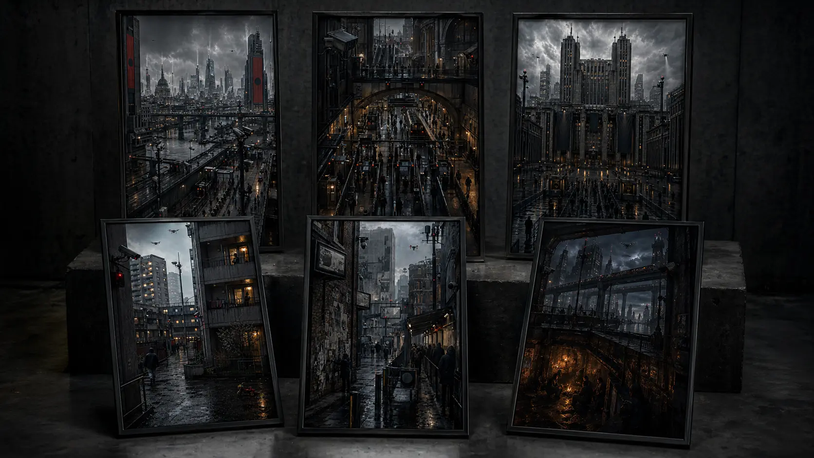Framed poster prints from the London: Under Watch collection showing a dystopian London shaped by surveillance, authoritarian architecture, controlled transit, and hidden resistance.
