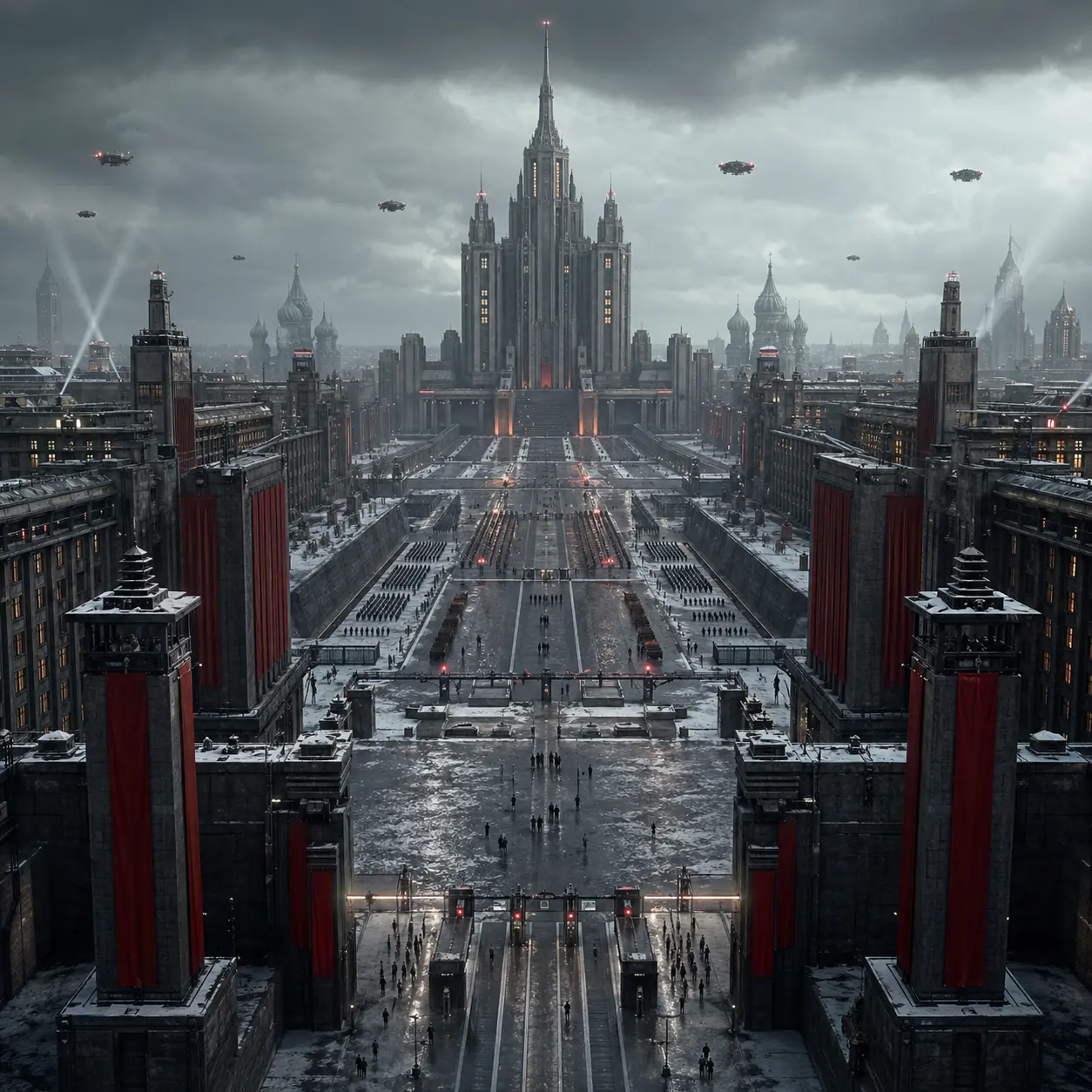 Dystopian Moscow-inspired civic plaza with monumental towers, red vertical banners, drones, searchlights, and tiny figures moving through a vast controlled avenue.