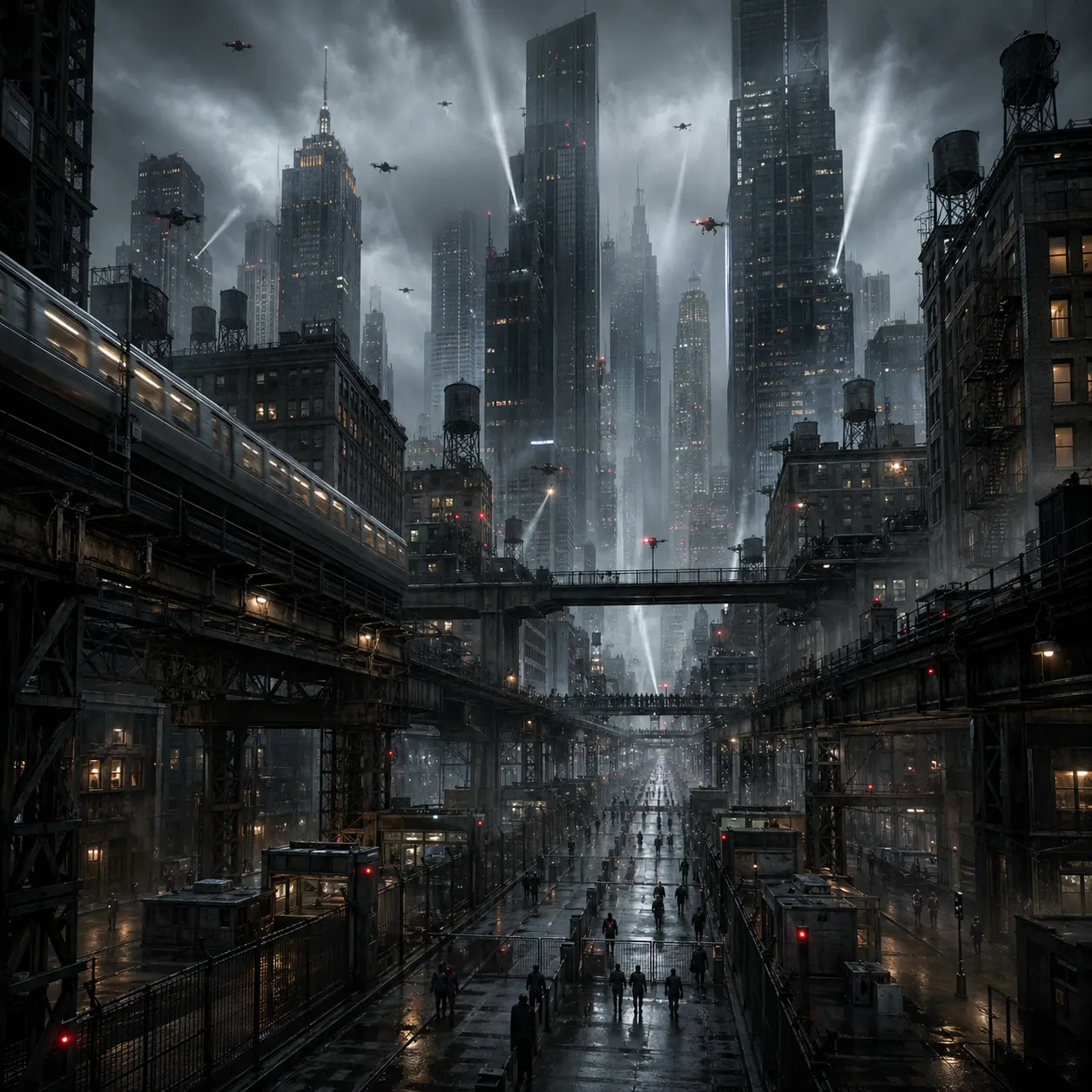Dystopian New York-inspired skyline with towering skyscrapers, elevated transit lines, drones, searchlights, wet streets, and tiny figures moving through controlled routes.