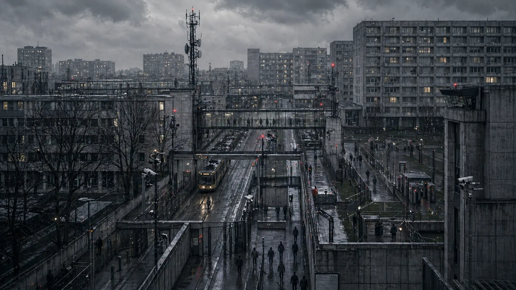Dystopian Berlin-inspired district with concrete housing blocks, tram lines, fenced pedestrian routes, signal masts, cameras, and small figures moving through monitored corridors.