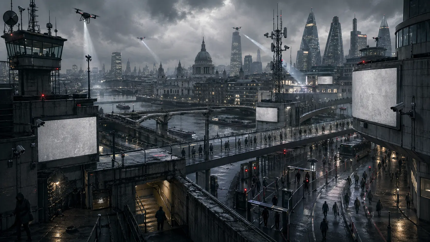 Dystopian London cityscape with drones, surveillance towers, blank public screens, checkpoints, raised walkways, and controlled pedestrian routes along the Thames.