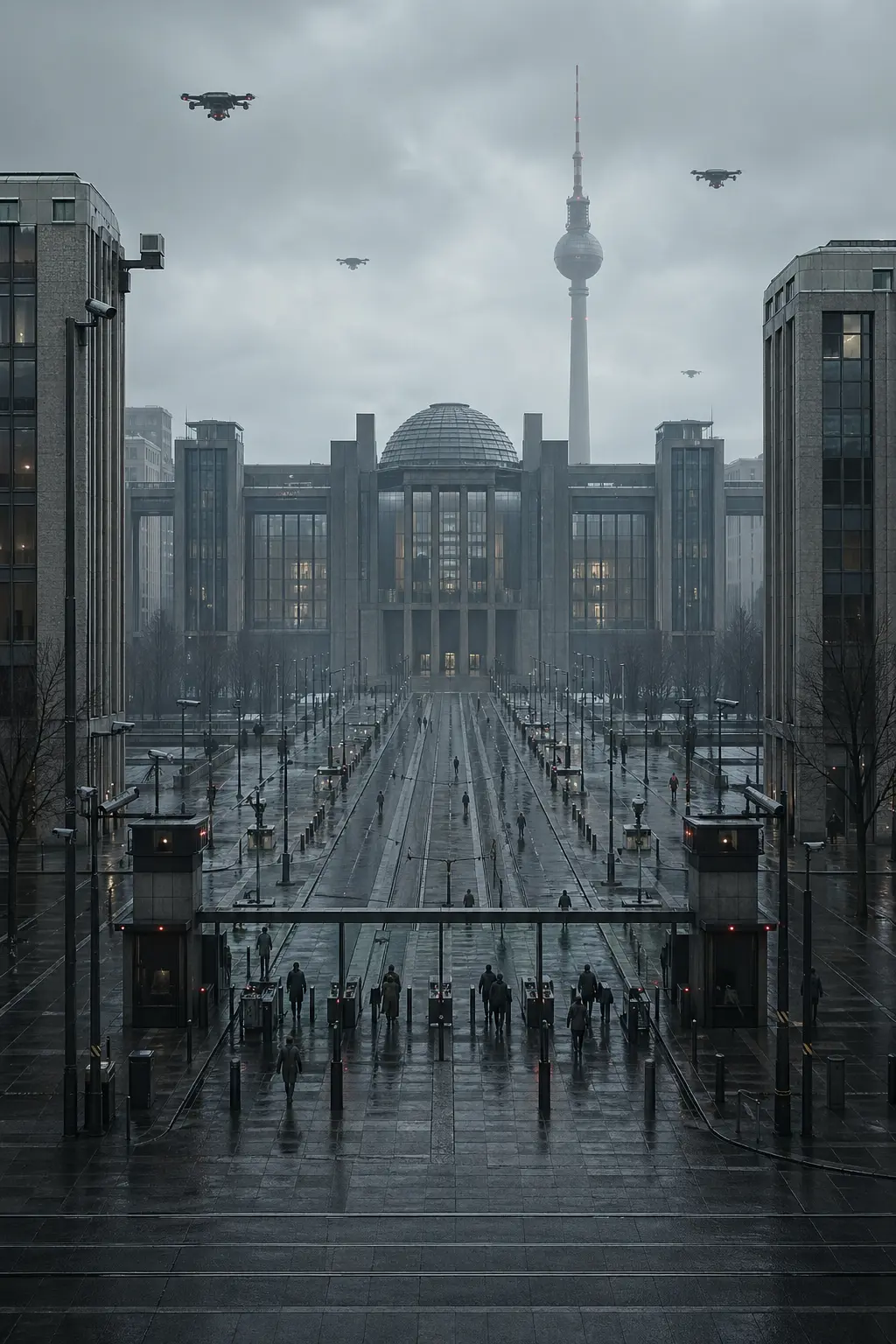A dystopian Berlin civic axis with checkpoint structures, surveillance drones, monumental government buildings, and controlled pedestrian routes leading toward a state complex.