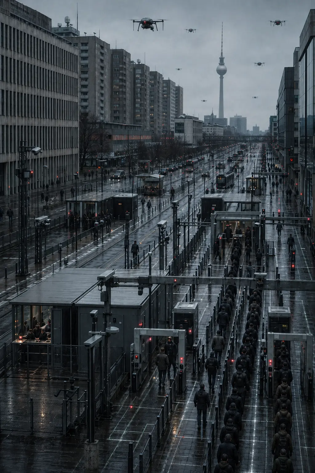 A dystopian Berlin boulevard with checkpoint gates, fenced pedestrian lanes, drones overhead, tram lines, and commuters moving through a tightly monitored transit corridor.