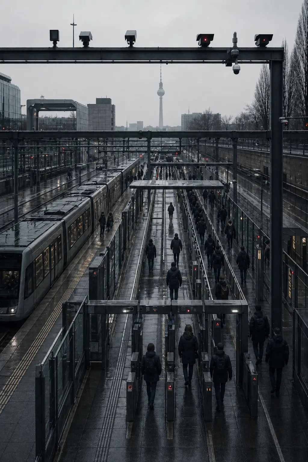 A dystopian Berlin train platform with checkpoint gates, fenced walkways, surveillance cameras, and commuters moving through tightly controlled transit lanes.