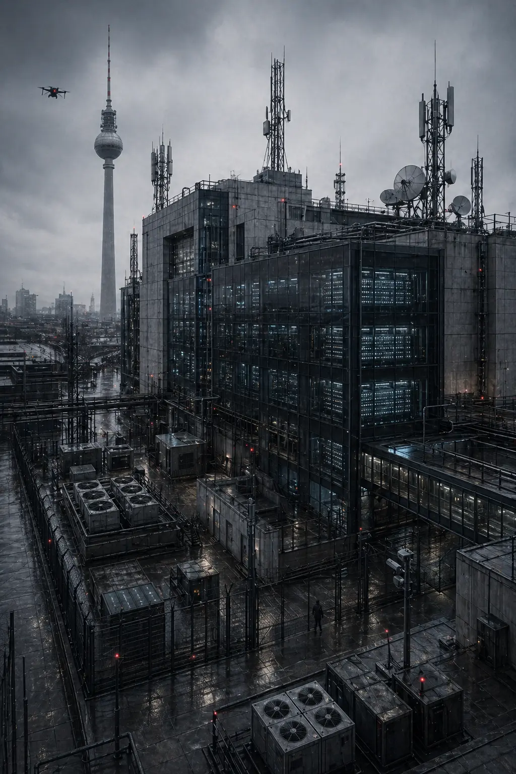 A dystopian Berlin communications complex with signal towers, fenced infrastructure, glowing server rooms, and surveillance systems beneath the Fernsehturm skyline.