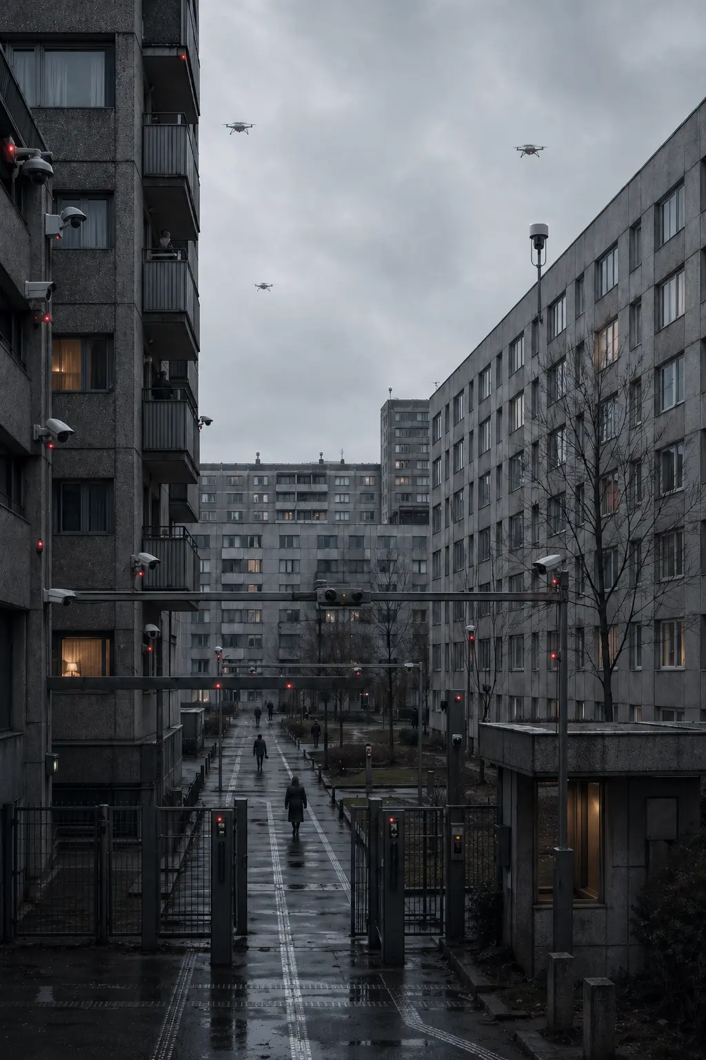 A dystopian Berlin housing courtyard with gated walkways, CCTV cameras, drones overhead, and residents moving through a tightly monitored residential compound.
