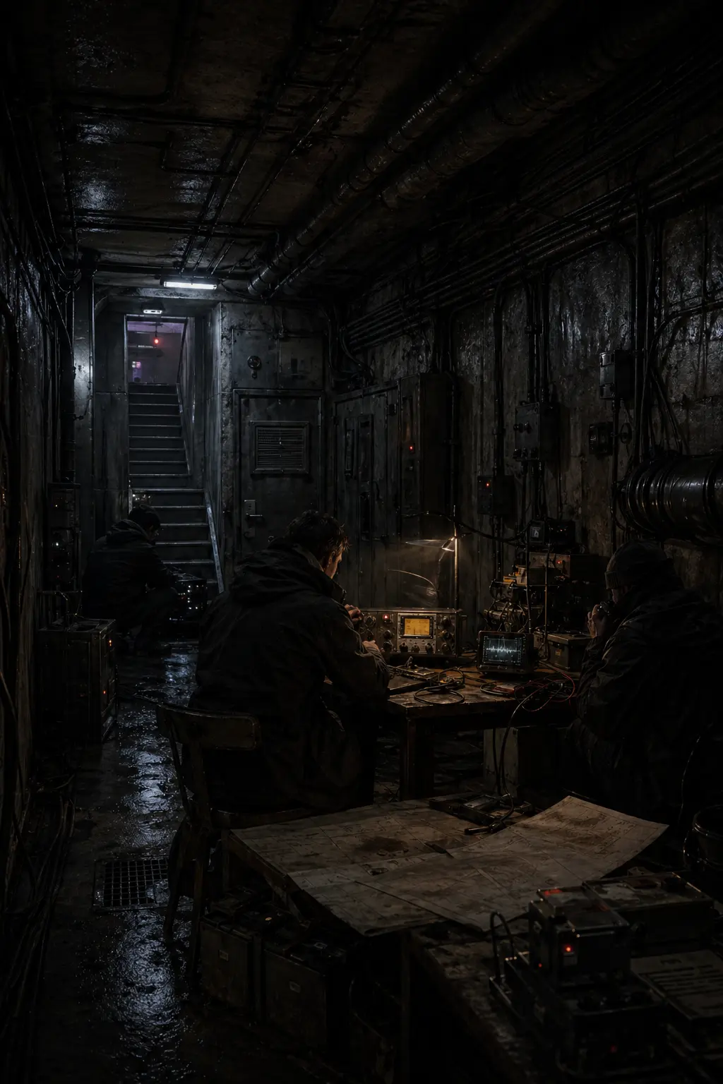 A hidden resistance room beneath dystopian Berlin with radio equipment, maps, cables, and figures working in secret below the monitored city.
