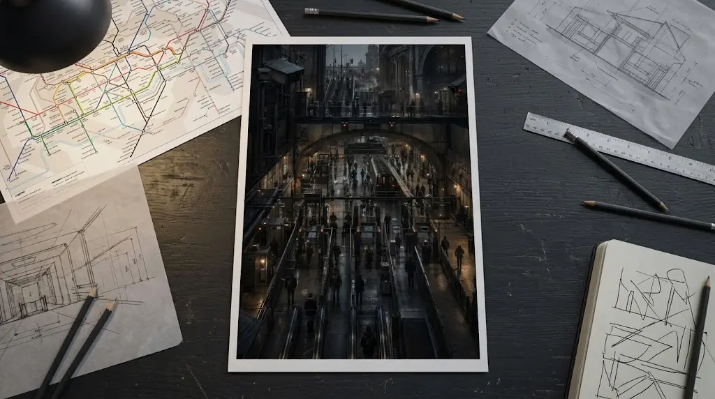 Controlled Passage laid on a dark desk beside transport maps, architectural sketches, pencils, and design notes in a research-led studio setting.