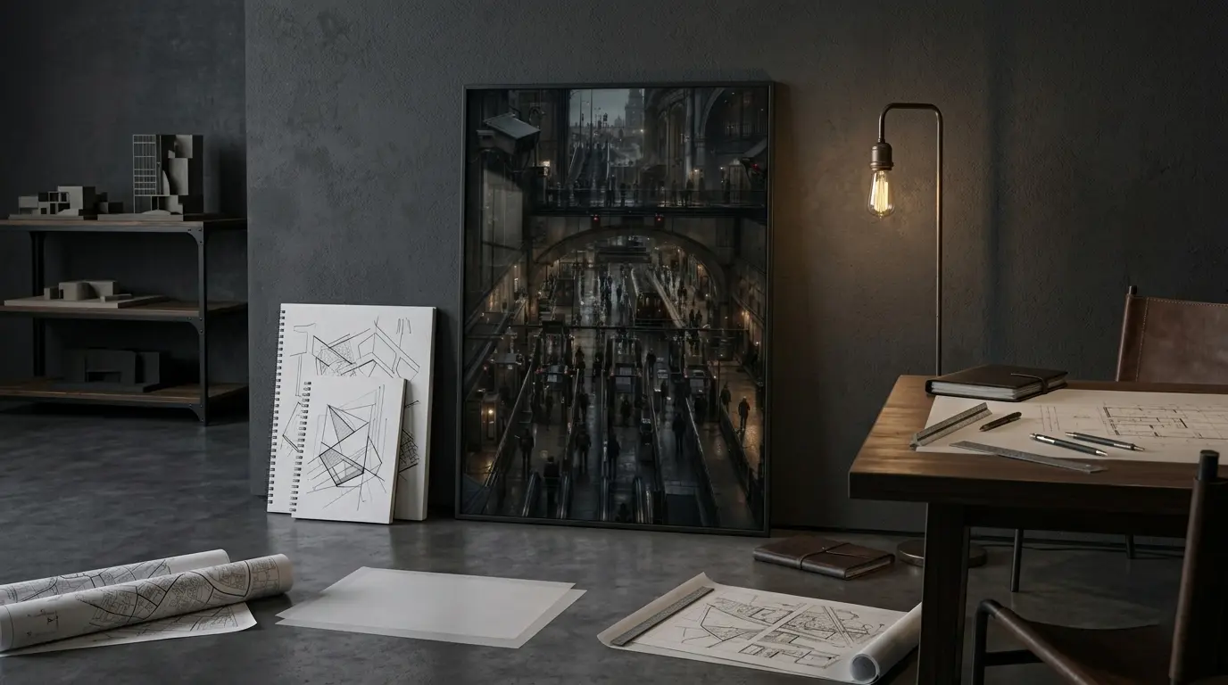 A framed print of Controlled Passage leaning in a design studio beside rolled plans, sketchbooks, and architectural tools.