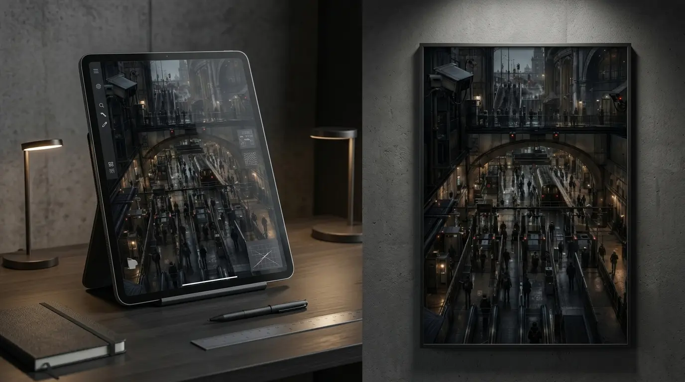 Controlled Passage shown as both a digital poster on a tablet and a framed wall print, presenting the artwork in a dark contemporary interior.