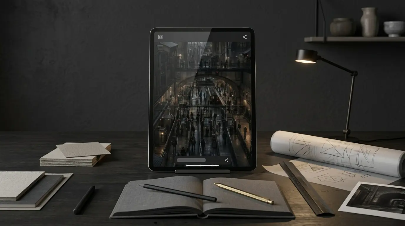 Controlled Passage displayed on a tablet in a dark workspace, showing the digital poster as a downloadable artwork preview.