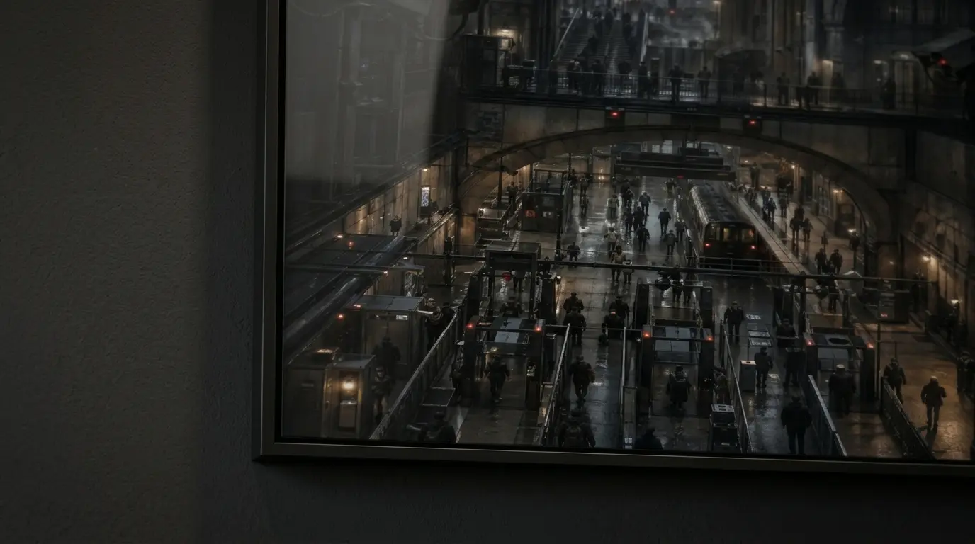Close-up of the Controlled Passage artwork in a dark frame, highlighting checkpoint barriers, commuters, escalators, and the monitored station interior.