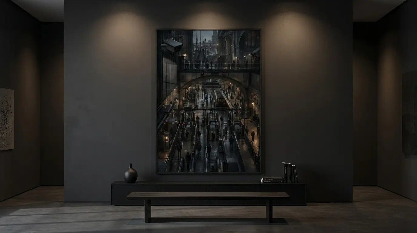 Controlled Passage displayed as the main framed artwork in a dark gallery wall arrangement with related dystopian city prints.