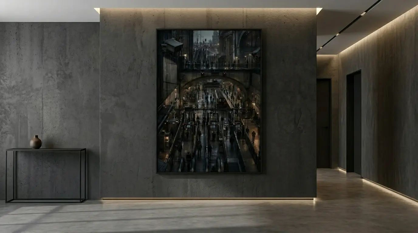 Controlled Passage displayed as a large framed poster in a minimalist concrete hallway with soft architectural lighting.