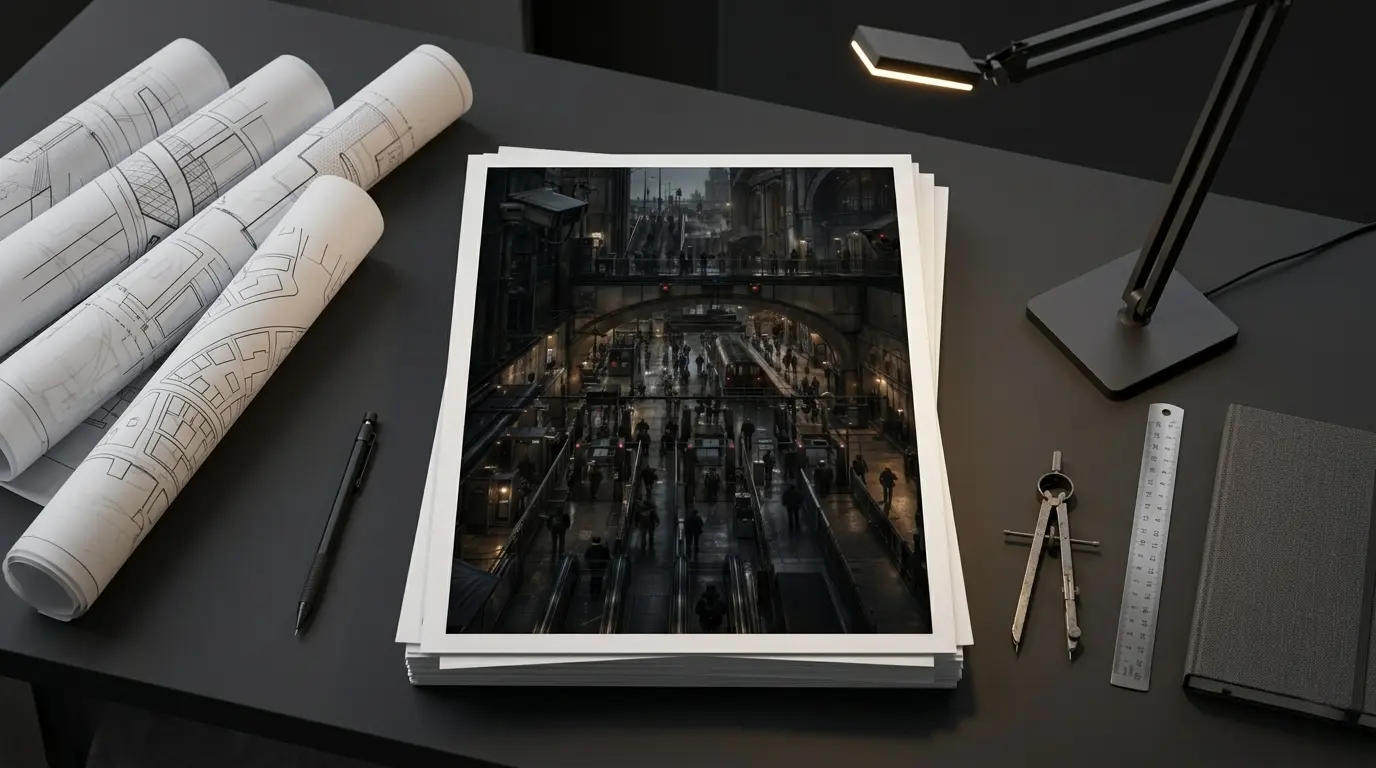 A stack of art prints featuring Controlled Passage on top, styled on a dark desk with drafting tools and architectural plans.