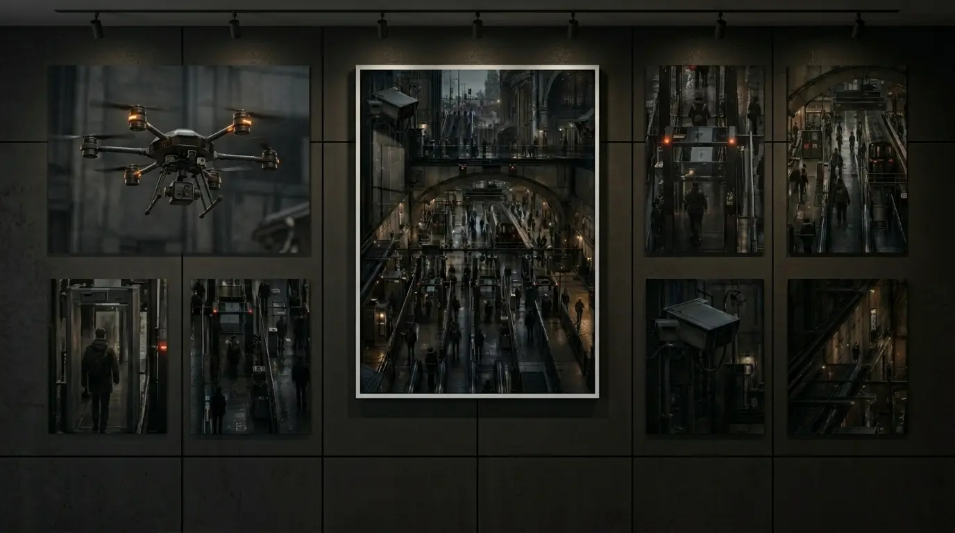Editorial promotional layout for Controlled Passage featuring the full poster alongside cropped details of drones, checkpoint gates, commuters, and surveillance infrastructure.