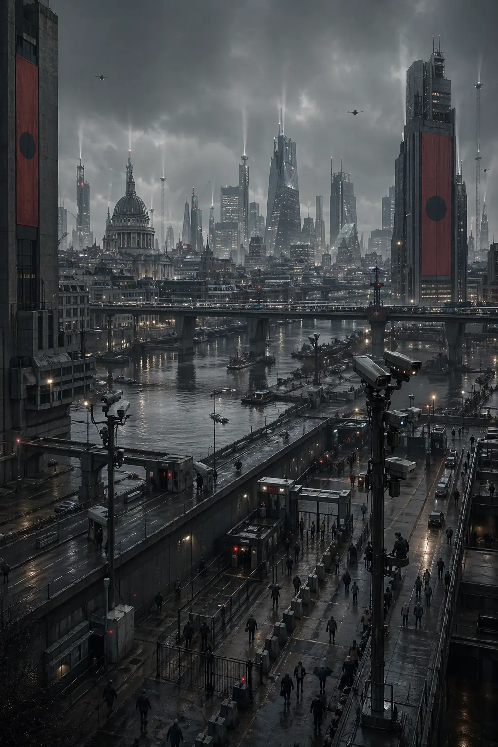 A dystopian London skyline with surveillance towers, drones, monitored river crossings, and authoritarian civic architecture.