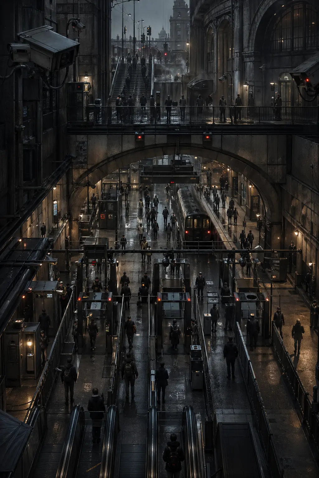 A dystopian London transit station filled with surveillance cameras, escalators, controlled barriers, bridges, and commuters moving through a monitored checkpoint system.
