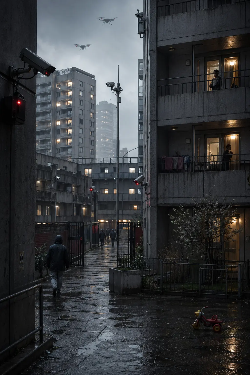 A dystopian London housing estate with CCTV cameras, drones overhead, lit balconies, gated walkways, and residents moving through a heavily monitored residential space.