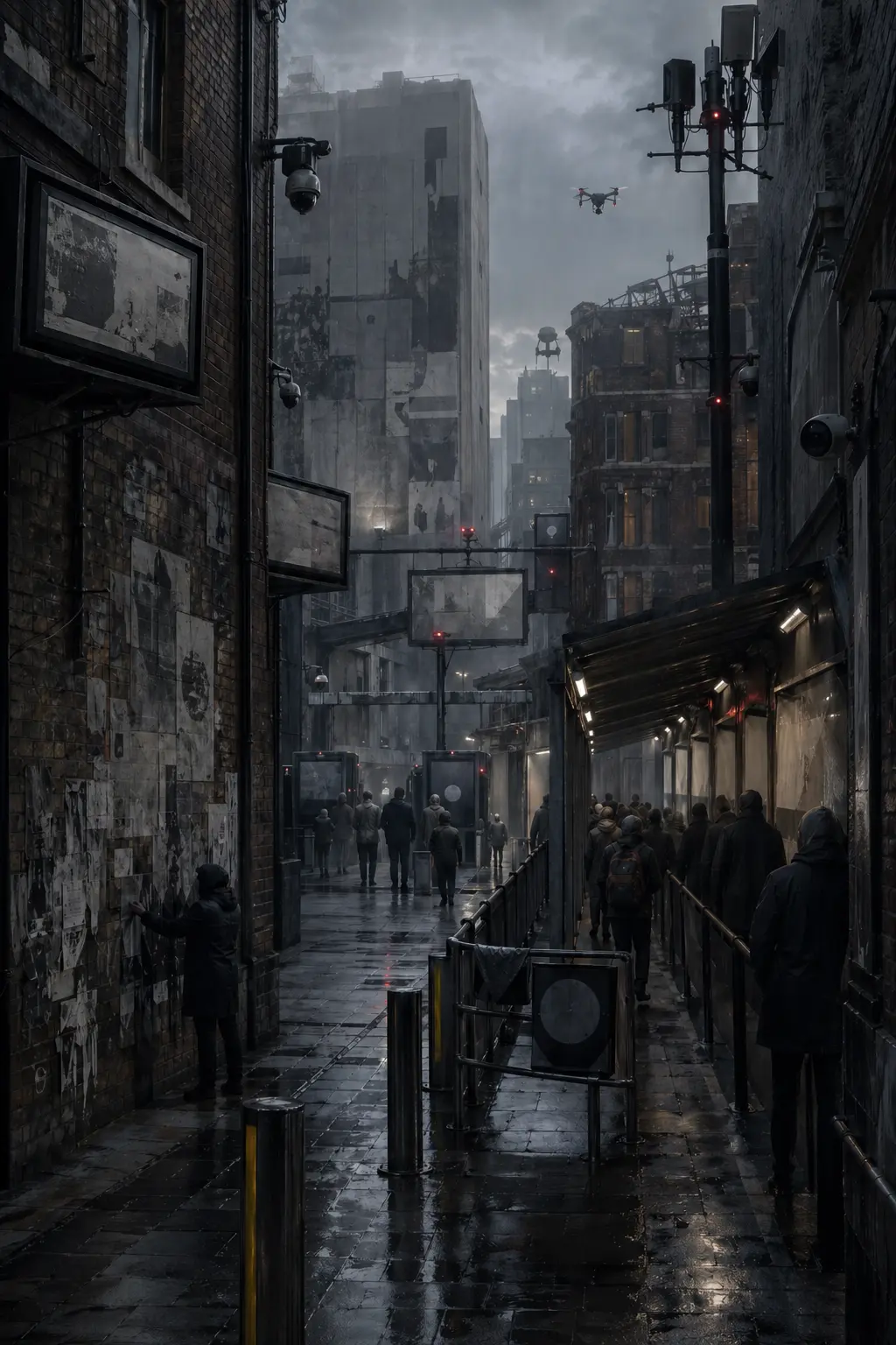 A dystopian London alley lined with surveillance cameras, signal towers, barriers, screens, drones, and pedestrians moving through a narrow monitored street.