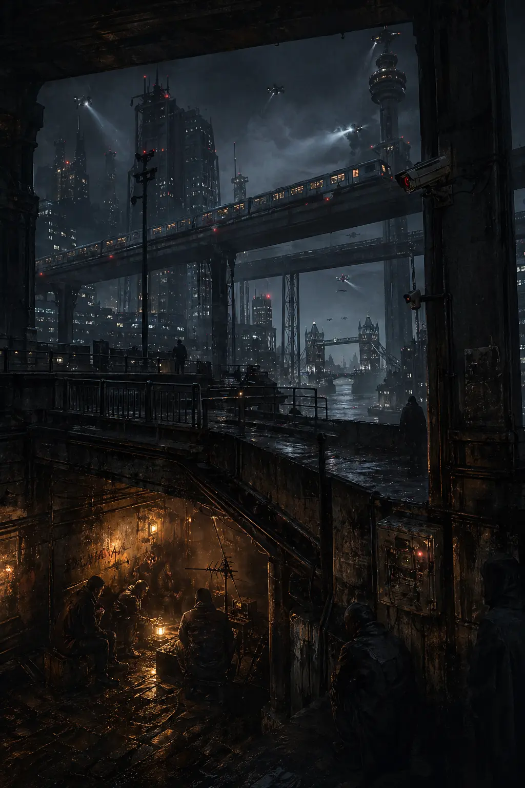 A hidden resistance shelter beneath elevated transit lines in dystopian London, with drones, surveillance towers, and floodlit high-rises looming above.