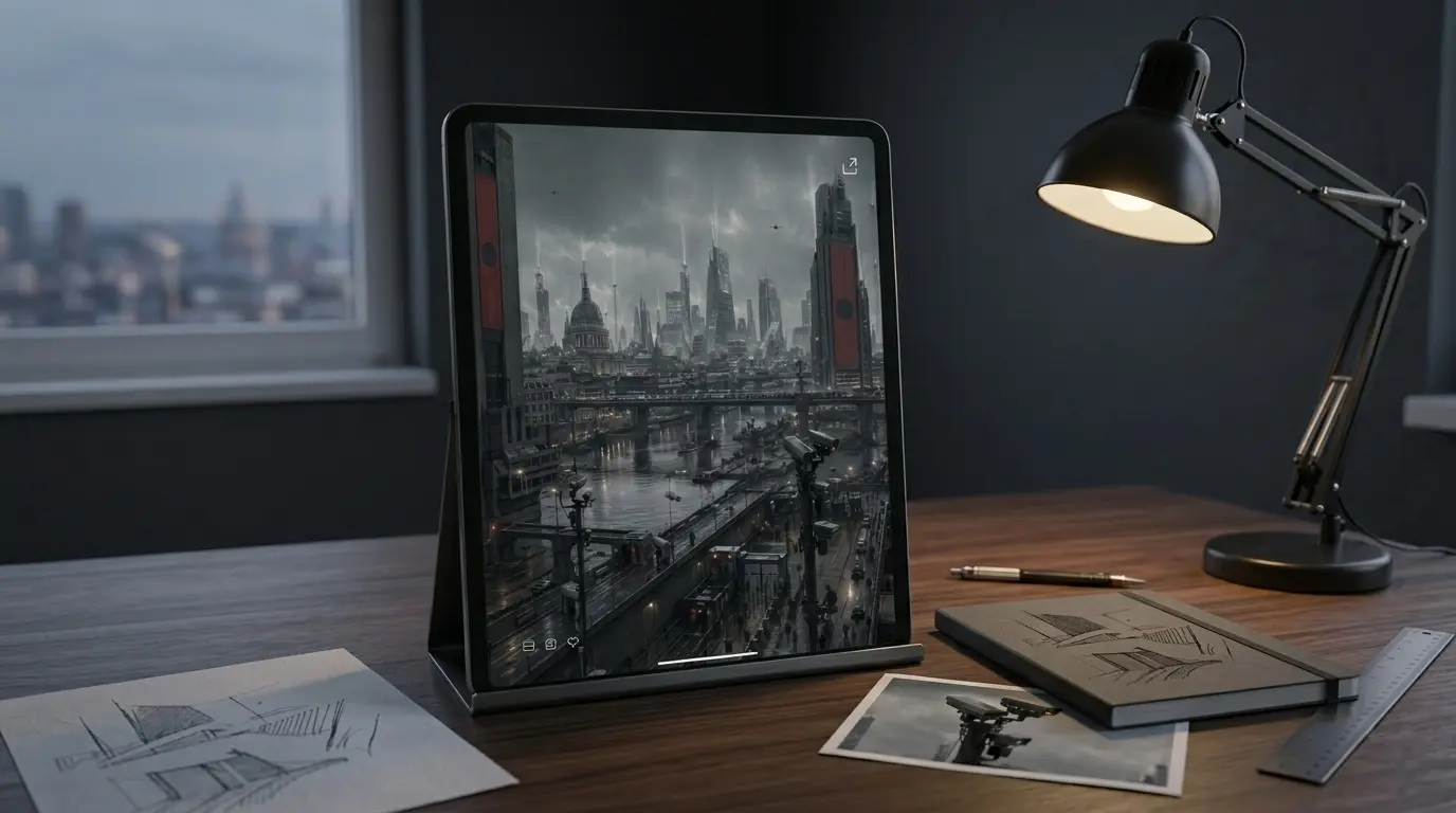 Skyline Under Watch displayed on a tablet in a dark studio workspace, showing the digital poster as a downloadable artwork preview.