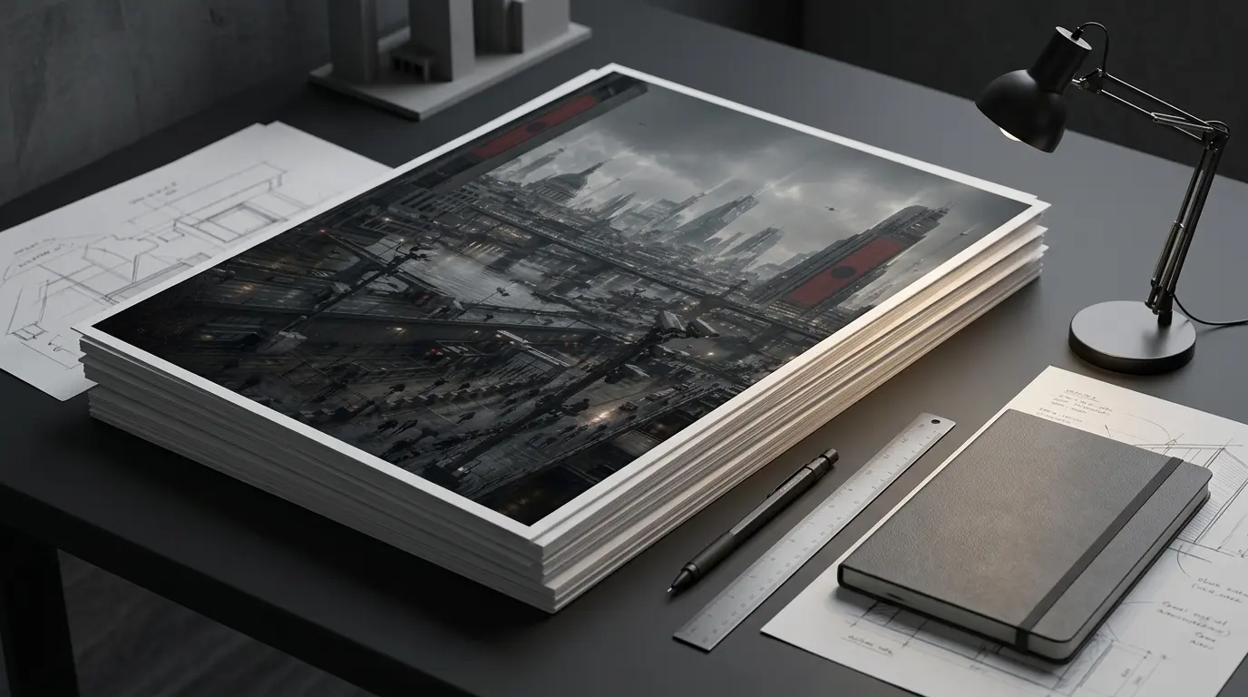 A stack of fine art prints featuring Skyline Under Watch on top, styled on a dark desk with drawing tools and notebooks.