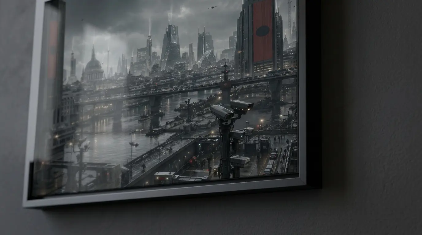 Close-up of the Skyline Under Watch artwork in a dark frame, showing the dystopian London riverside scene with surveillance towers and monitored streets.