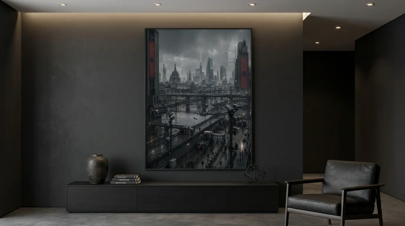 Skyline Under Watch displayed as the central framed artwork in a dark gallery wall arrangement with related dystopian city prints.
