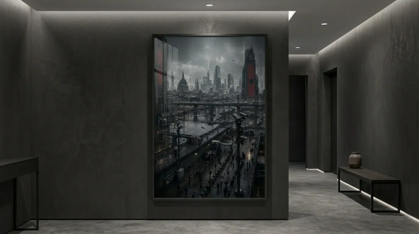 Skyline Under Watch displayed as a large framed poster in a minimalist dark hallway with soft architectural lighting.