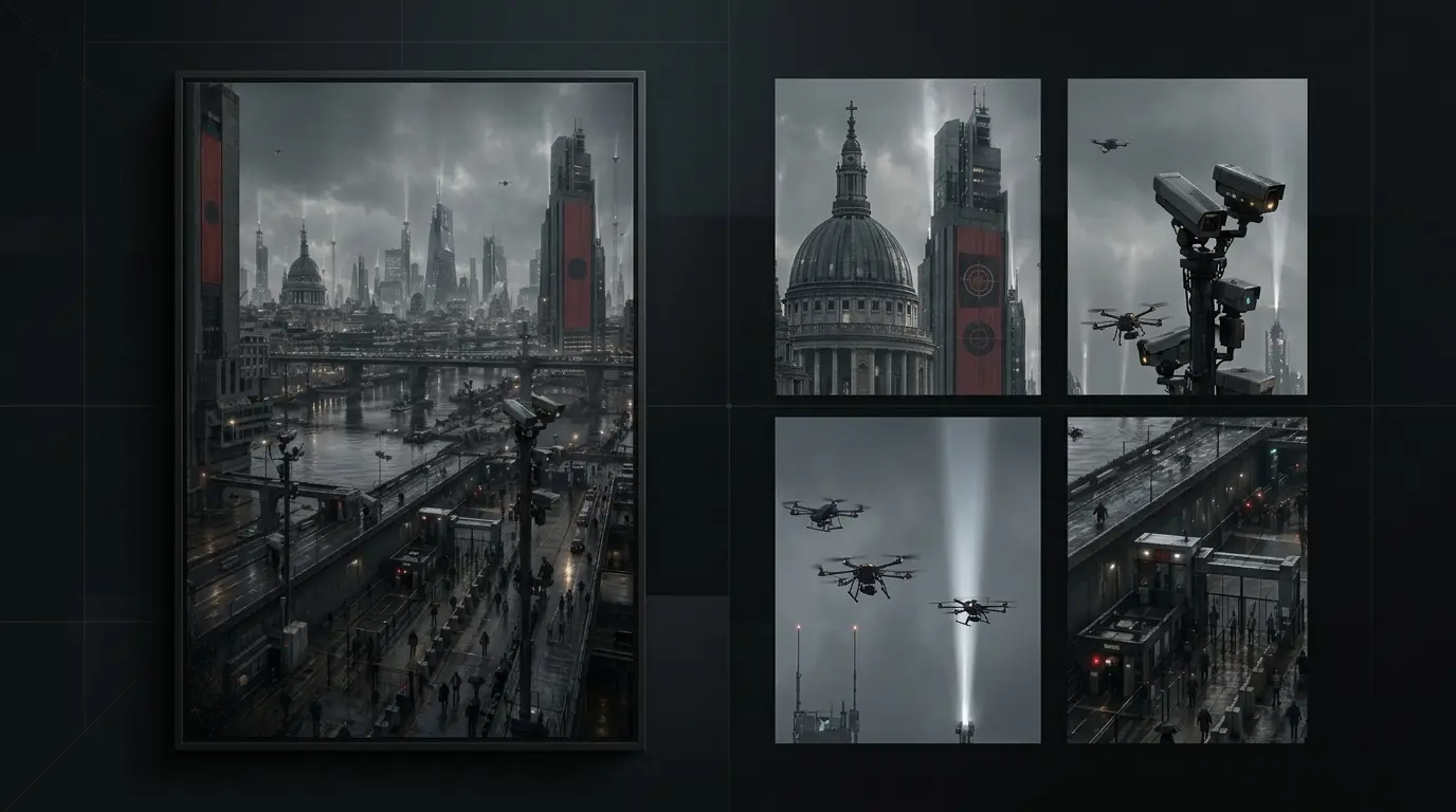 Editorial promotional layout for Skyline Under Watch featuring the full poster alongside cropped details of surveillance drones, architecture, and monitored city infrastructure.
