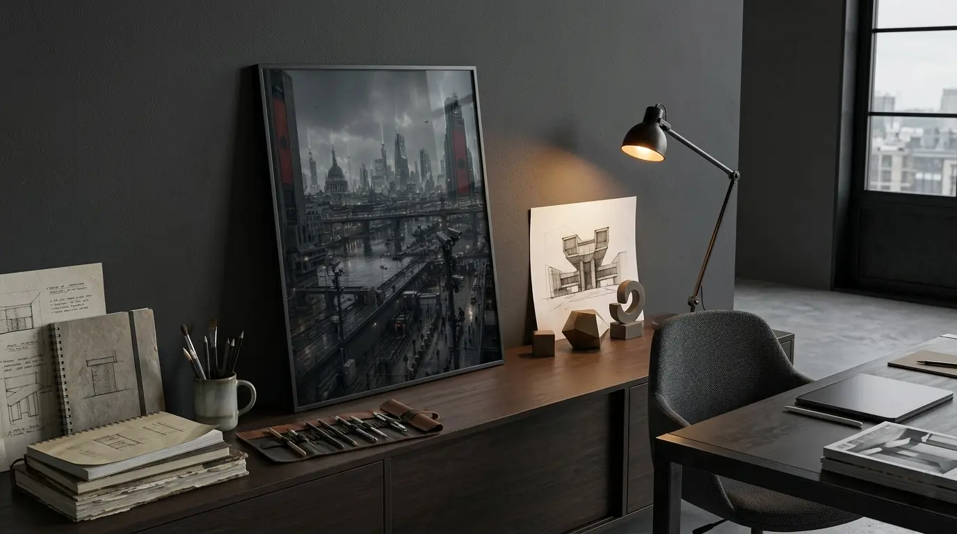 Skyline Under Watch leaning in a design studio beside sketchbooks, tools, and architectural notes, presenting the artwork in a creative workspace setting.