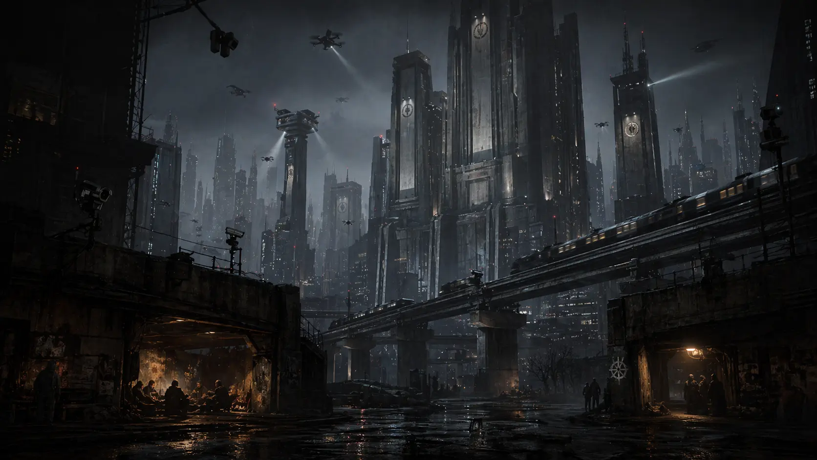 A surveillance-controlled city with hidden groups gathered in shadowed corners beneath the regime skyline.