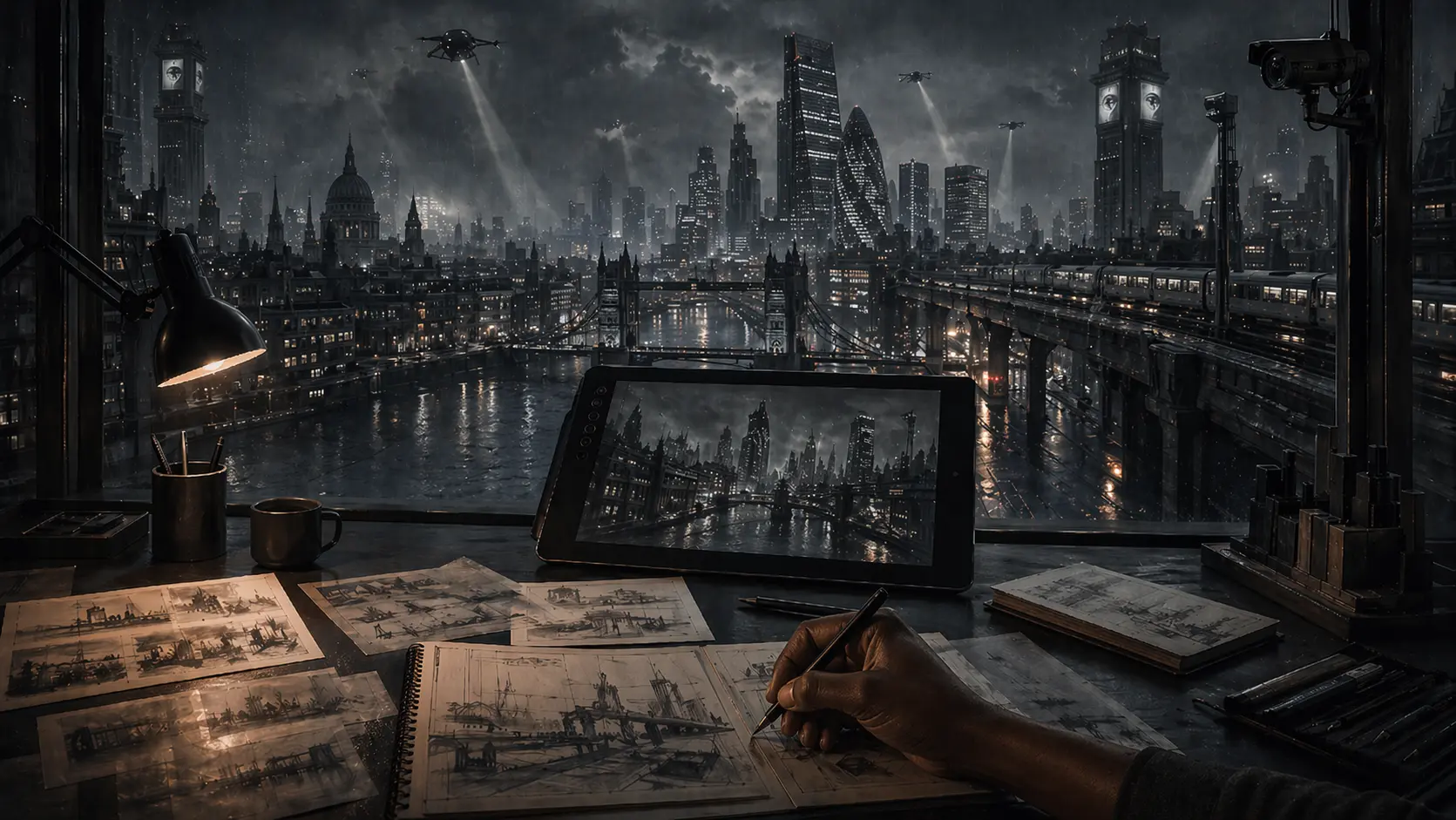 A designer sketching a dystopian city from a desk overlooking a surveillance-heavy skyline.