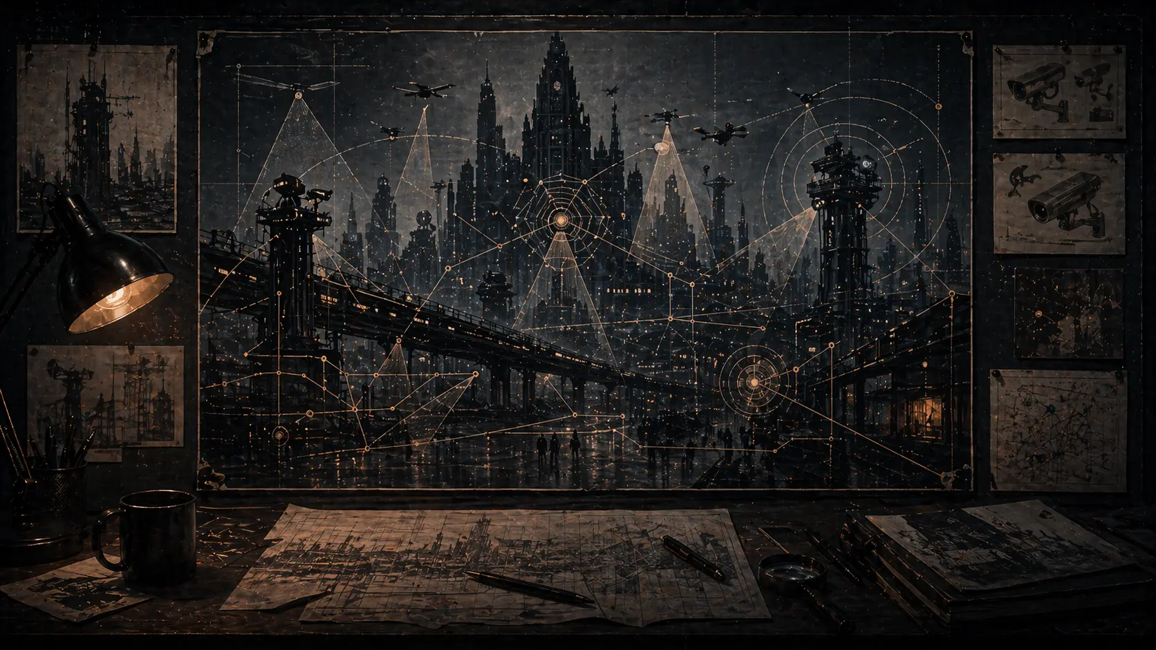 A dystopian city artwork overlaid with surveillance networks and control-system diagrams.