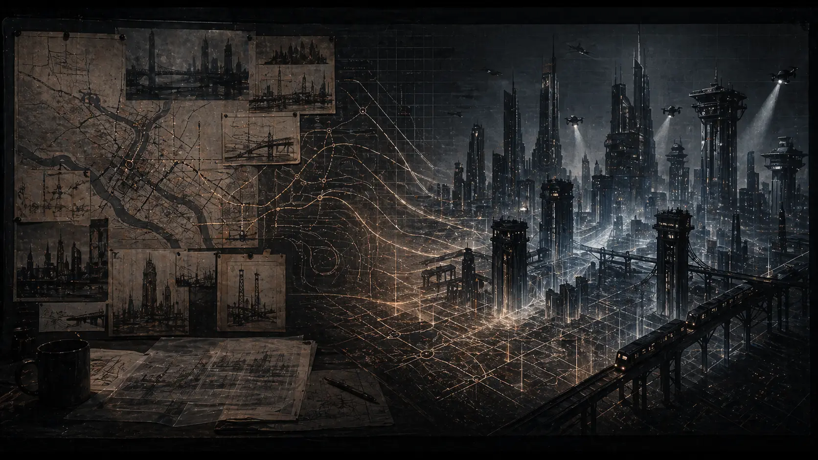 A speculative future city plan combining surveillance routes, maps, and architectural projections.