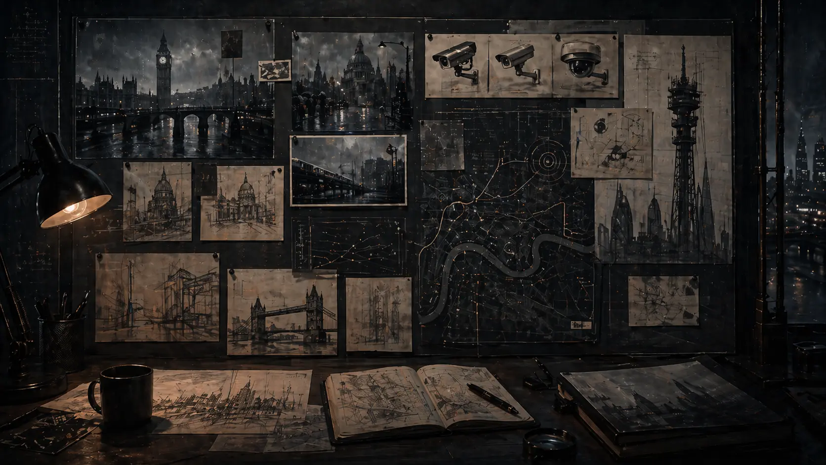 A research board of city sketches, surveillance references, and planning materials.