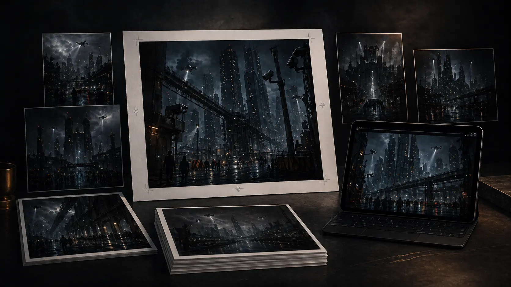 A curated display of dystopian digital poster editions shown as prints and on screen.
