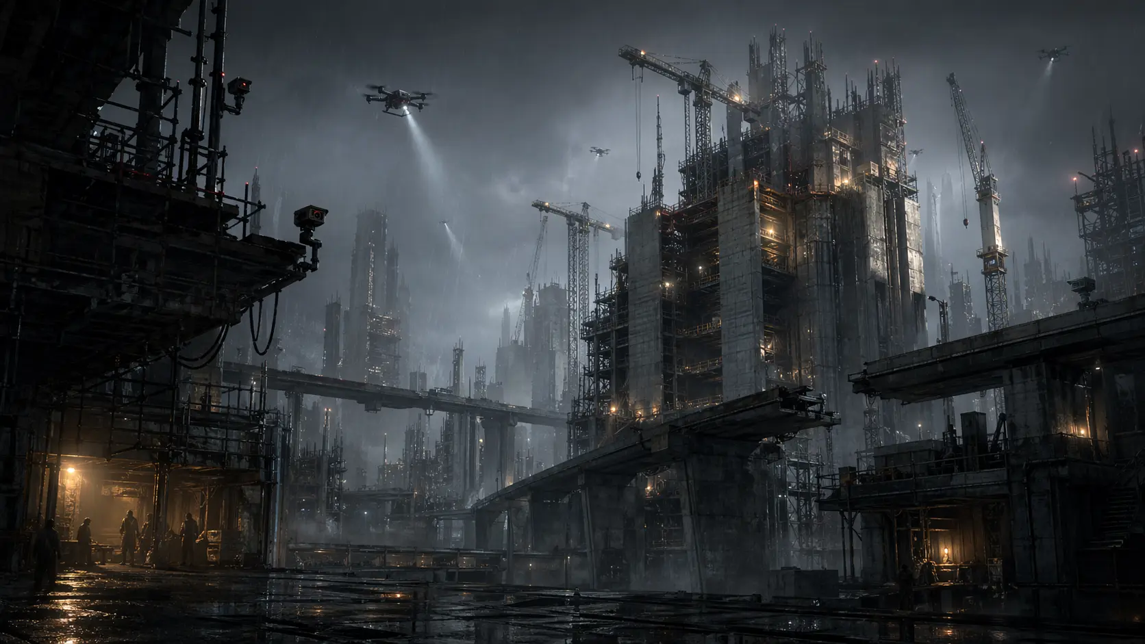 A dystopian city under construction with cranes, scaffolded towers, elevated transit, and surveillance drones in the rain.