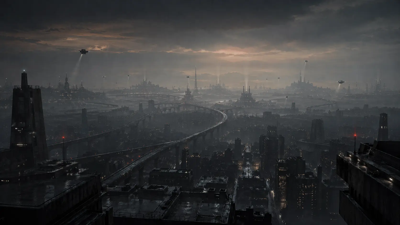 A distant surveillance city skyline hinting at future editions and expanding collections.