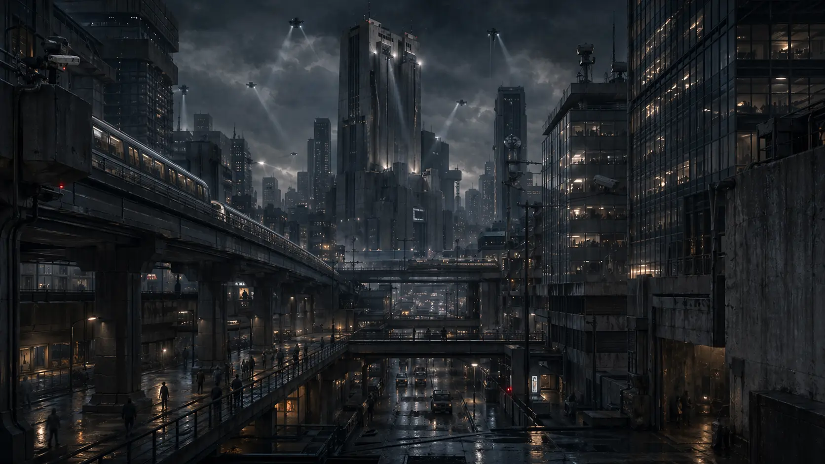 A vast fictional city shaped by surveillance infrastructure, elevated roads, and authoritarian architecture.